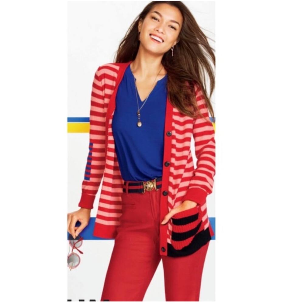 CAbi Picnic Cardigan Sweater Womens Medium Cranberry Crush Striped New Red Pink